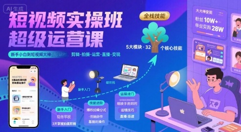 短视频实操班超级运营课，新手小白到短视频大神必修课程，剪辑-拍摄-运营-直播-变现-资源鲟