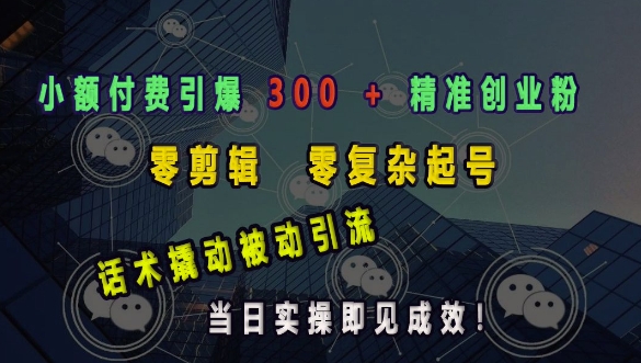 小额付费引爆 300 + 精准创业粉，零剪辑、零复杂起号，话术撬动被动引流，当日实操即见成效-资源鲟