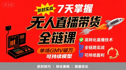 无人直播带货全链防封实战课，7天掌握高转化直播技术，实现单场GMV破万可持续模型-资源鲟