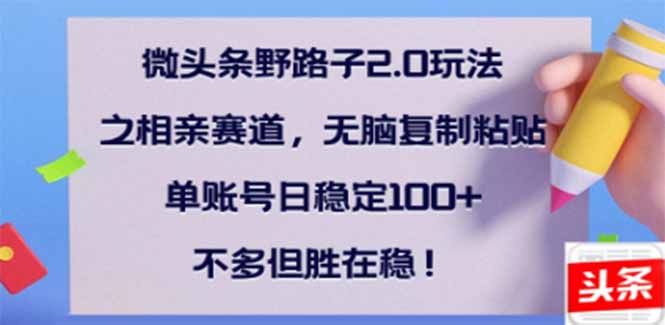 （14334期）微头条野路子2.0玩法之相亲赛道，无脑搬砖复制粘贴，单账号日稳定300+…-资源鲟