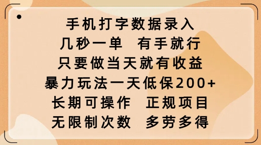 手机打字数据录入，几秒一单，有手就行，只要做当天就有收益，暴力玩法一天低保2张-资源鲟