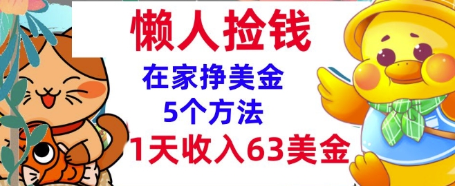在家挣美金的5个方法，1天收入63美刀，内部教程，超简单，无脑操作-资源鲟