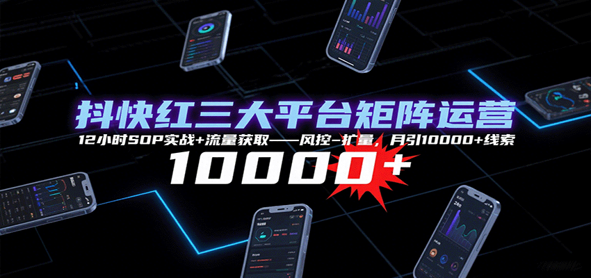 抖快红三大平台矩阵运营，12小时SOP实战+流量获取-风控-扩量，月引10000+线索-资源鲟
