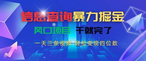 信息查询暴力掘金，一天三条视频，轻松变现四位数，风口项目干就完了【揭秘】-资源鲟