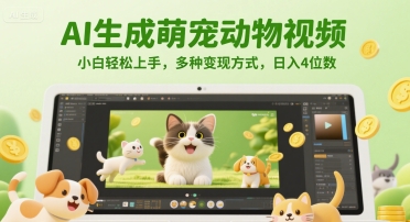 AI生成萌宠动物视频，小白轻松上手，多种变现方式，日入4位数-资源鲟