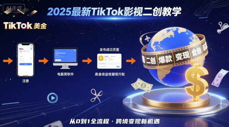 2025年最新TikTok影视二创教学，从注册到发布撸美金全流程，跨境变现新机遇-资源鲟