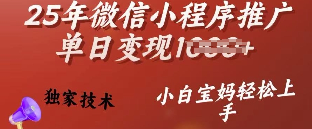 25年微信小程序推广单日变现多张，独家技术，小白宝妈轻松上手【揭秘】-资源鲟