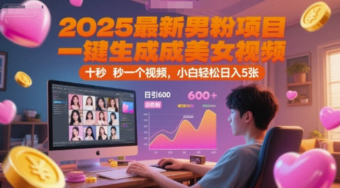 2025最新男粉项目，一键生成美女视频，日引600+色粉 十秒一个视频，小白轻松日入5张【揭秘】-资源鲟