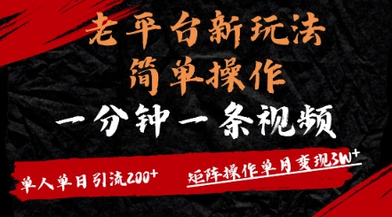 老平台，新玩法，简单操作，一分钟一条视频，单人单人引流200+矩阵操作，单月变现过w-资源鲟