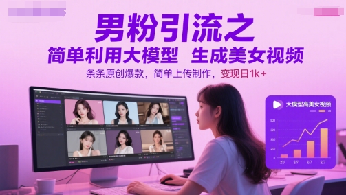 男粉引流之简单利用大模型生成美女视频，条条原创爆款，简单上传制作，变现日1k+-资源鲟