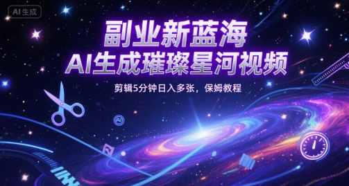 副业新蓝海，AI生成璀璨星河视频，剪辑5分钟日入多张，保姆教程-资源鲟