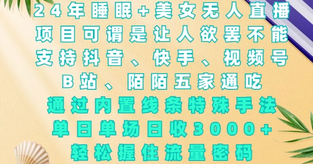 2024年睡眠+美女无人直播，通过内置线条特殊手法，单场日收3k+，轻松握住流量密码【揭秘】-资源鲟