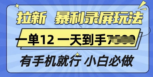 拉新暴利录屏玩法，一单12块，有手机就行，小白必做-资源鲟
