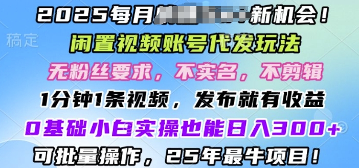 2025闲置视频账号一键代发玩法，0粉不实名不剪辑，领了视频直接发，0基础小白也能日入3张-资源鲟