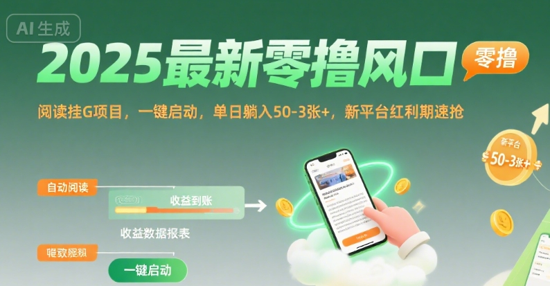 2025最新零撸风口，阅读挂G项目，一键启动，单日躺入 50-3张+，新平台红利期速抢【揭秘】-资源鲟