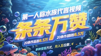 第一人称水族代言视频，条条万赞，20条作品涨粉7.8W，多种变现方式月入五位数-资源鲟