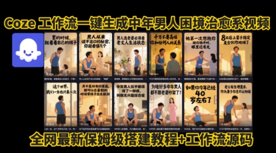 coze工作流一键生成”中年男人困境扎心高涨粉高播放量图文视频”保姆级拆解教程，无需剪辑，无需拍摄写文案-资源鲟