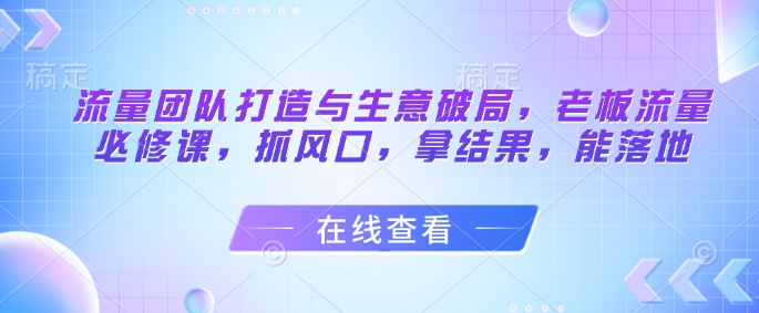 流量团队打造与生意破局，老板流量必修课，抓风口，拿结果，能落地-资源鲟