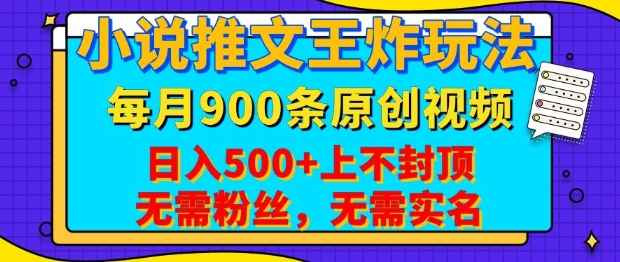 小说推文王炸玩法，一键代发，每月最多领900条原创视频，播放量收益日入5张，无需粉丝，无需实名【揭秘】-资源鲟