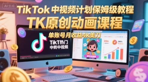 TikTok中视频计划保姆级教程，TK原创动画课程，单账号月收益4k美刀-资源鲟