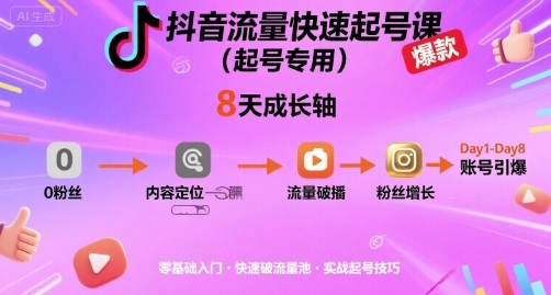 抖音流量快速起号课（起号专用），8天带你做爆自己的账号-资源鲟