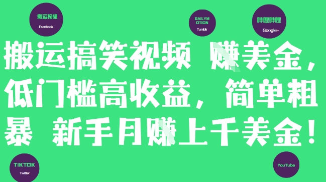 搬运搞笑视频挣美金，低门槛高收益，简单粗暴新手月入上千美刀-资源鲟