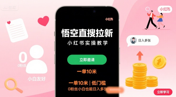 悟空直搜拉新小红书实操教学，一单10米，低门槛，0粉丝小白也能日入多张-资源鲟