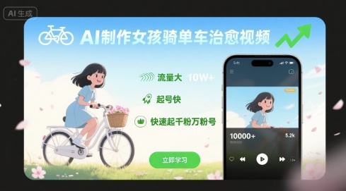 AI制作女孩骑单车治愈视频，流量大，起号快，快速起千粉万粉号-资源鲟