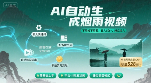 不用拍不用剪！AI自动生成烟雨视频，日入5张+，睡后收入-资源鲟