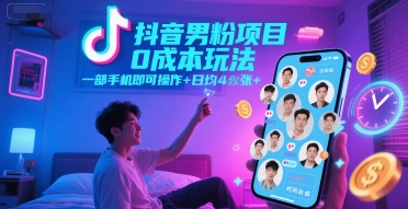 抖音男粉项目0成本玩法，一部手机即可操作，日均4张+，时间自由-资源鲟