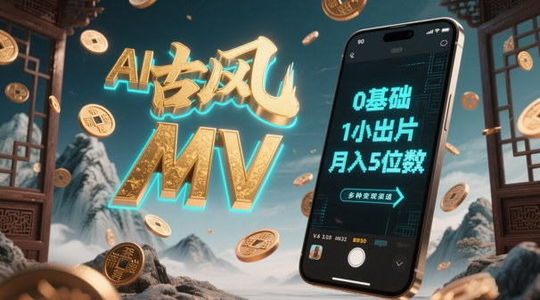AI一键生成古风音乐MV，0剪辑基础1小时出片，多种变现渠道，一部手机月入5位数-资源鲟