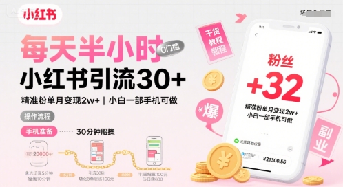 每天半小时小红书引流30+，精准粉单月变现2w+，小白新手一部手机可做，今天5分钟硬核实操-资源鲟