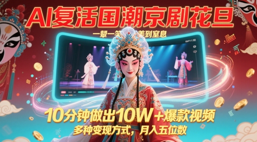 AI复活国潮京剧花旦，一颦一笑美到窒息，10分钟做出10W+爆款视频，多种变现方式，月入五位数-资源鲟