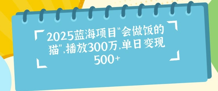 2025蓝海项目“会做饭的猫”，播放300万，单日变现多张-资源鲟
