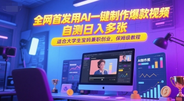 全网首发用AI一键制作爆款视频，自测日入多张，适合大学生宝妈兼职创业，保姆级教程-资源鲟