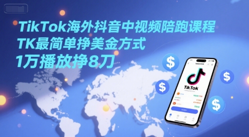 TikTok海外抖音中视频陪跑课程，TK最简单挣美金方式，1万播放挣8刀-资源鲟